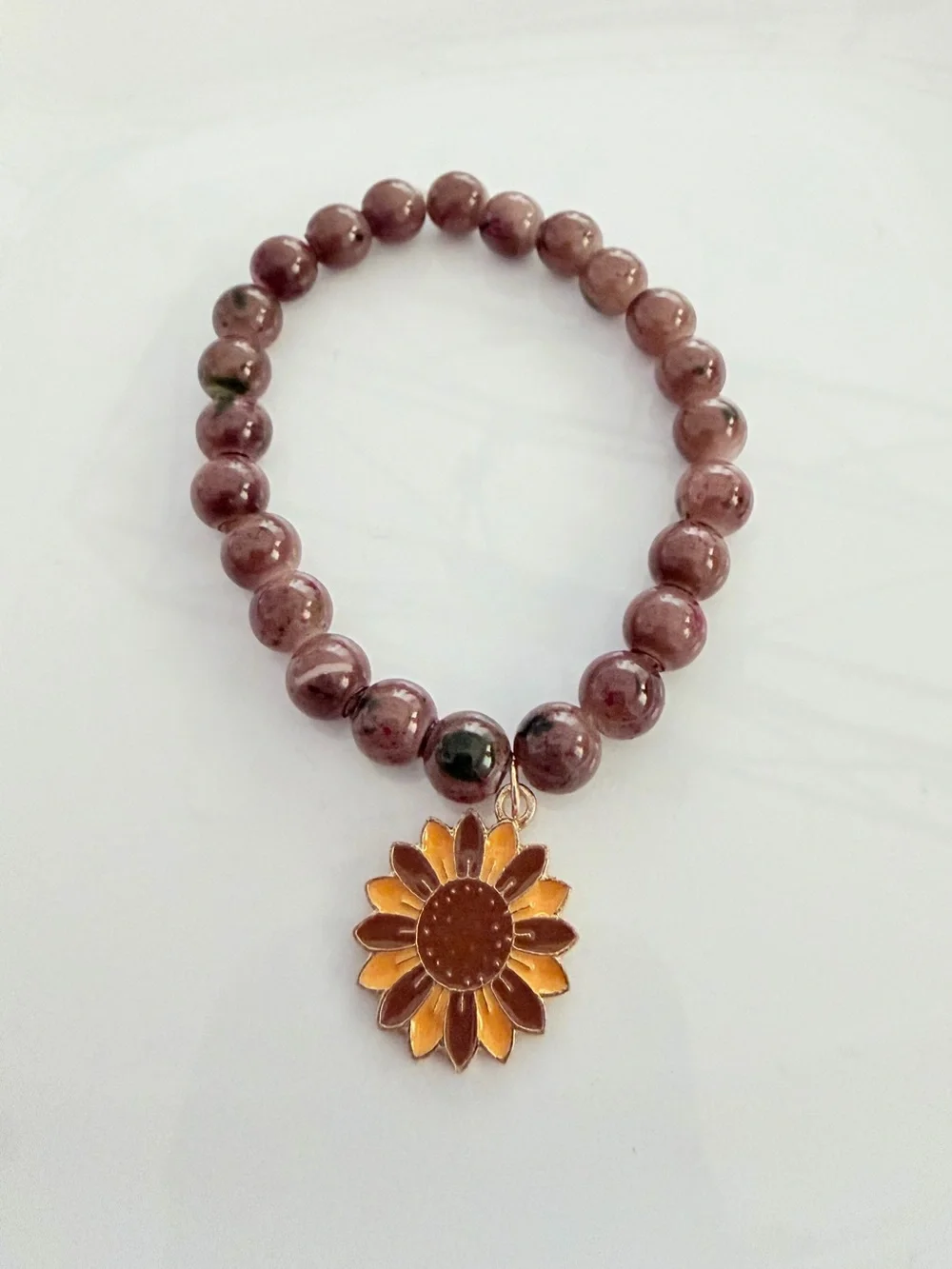 Brown Beaded Bracelet with Gold Sunflower Charm Floral Fall Jewelry